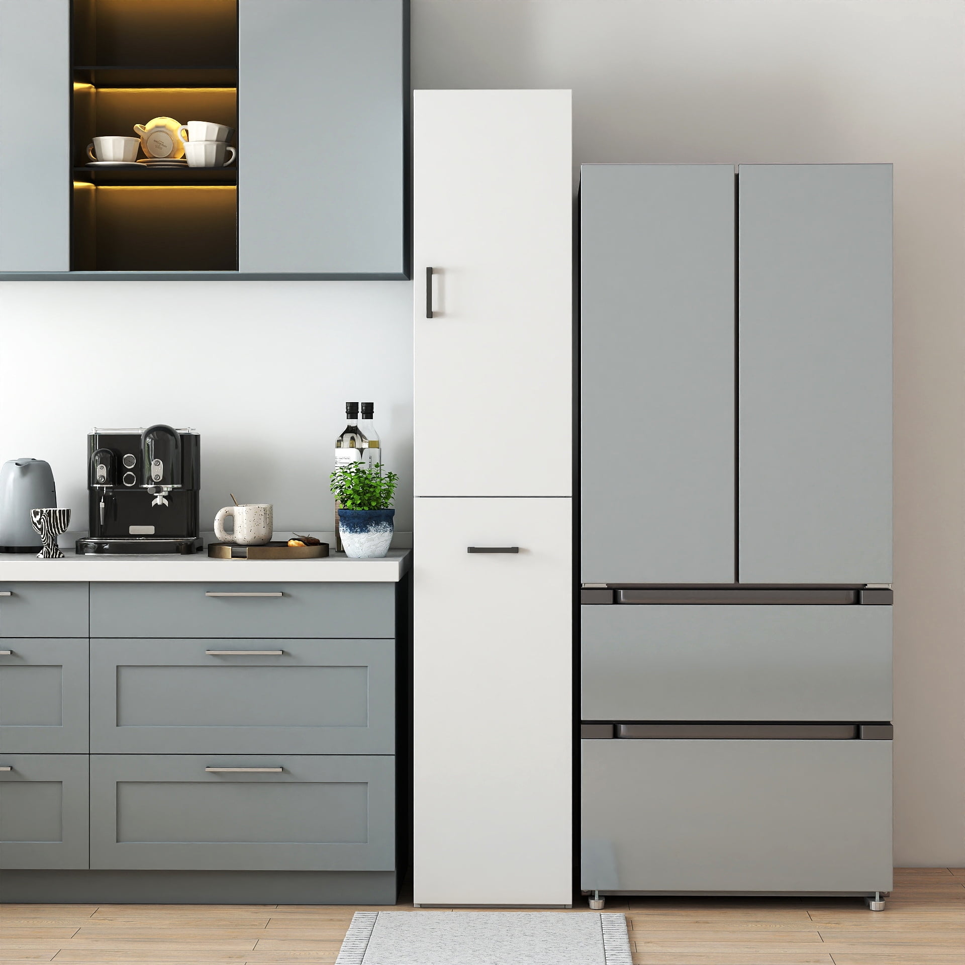 Kitchen Pantry Tall Cabinet Freestanding with 1 Door 3-Tier Pull-Out Storage Shelf, White