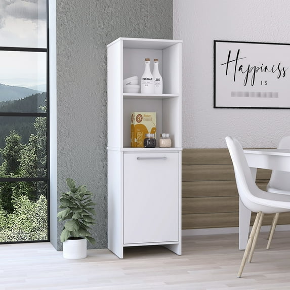 Kitchen Pantry, White Modern, Single Door, Four Shelves Pantry Cabinet, Modern Style, For