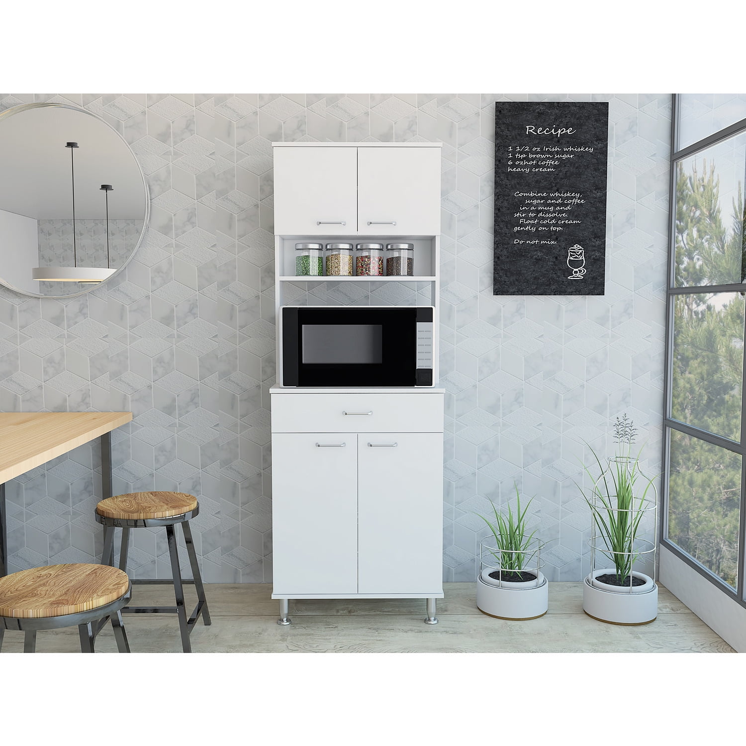 Kitchen Pantry with Countertop, Closed & Open Storage, White