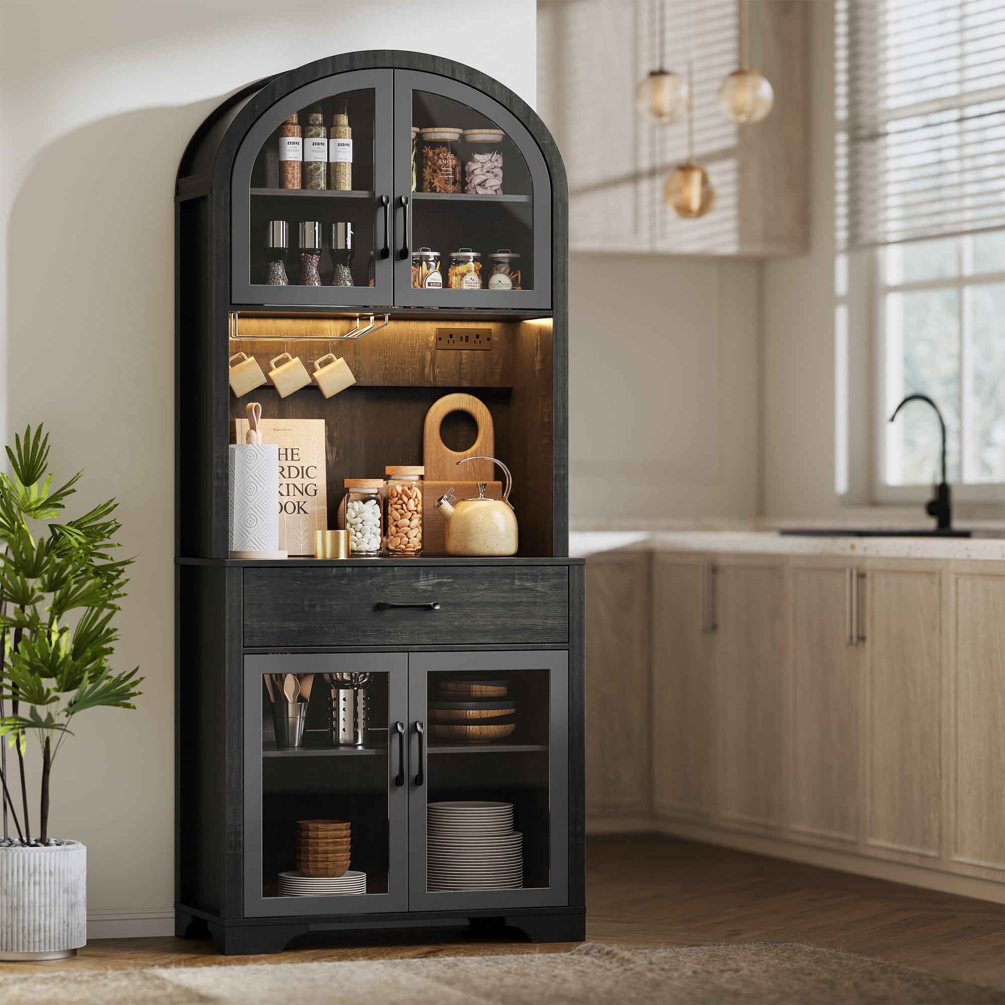 75" Tall Pantry Hutch with Charging Station and Microwave Stand, Kitchen Cabinets Hutch Cupboard for Kitchen, Dining Room, Black