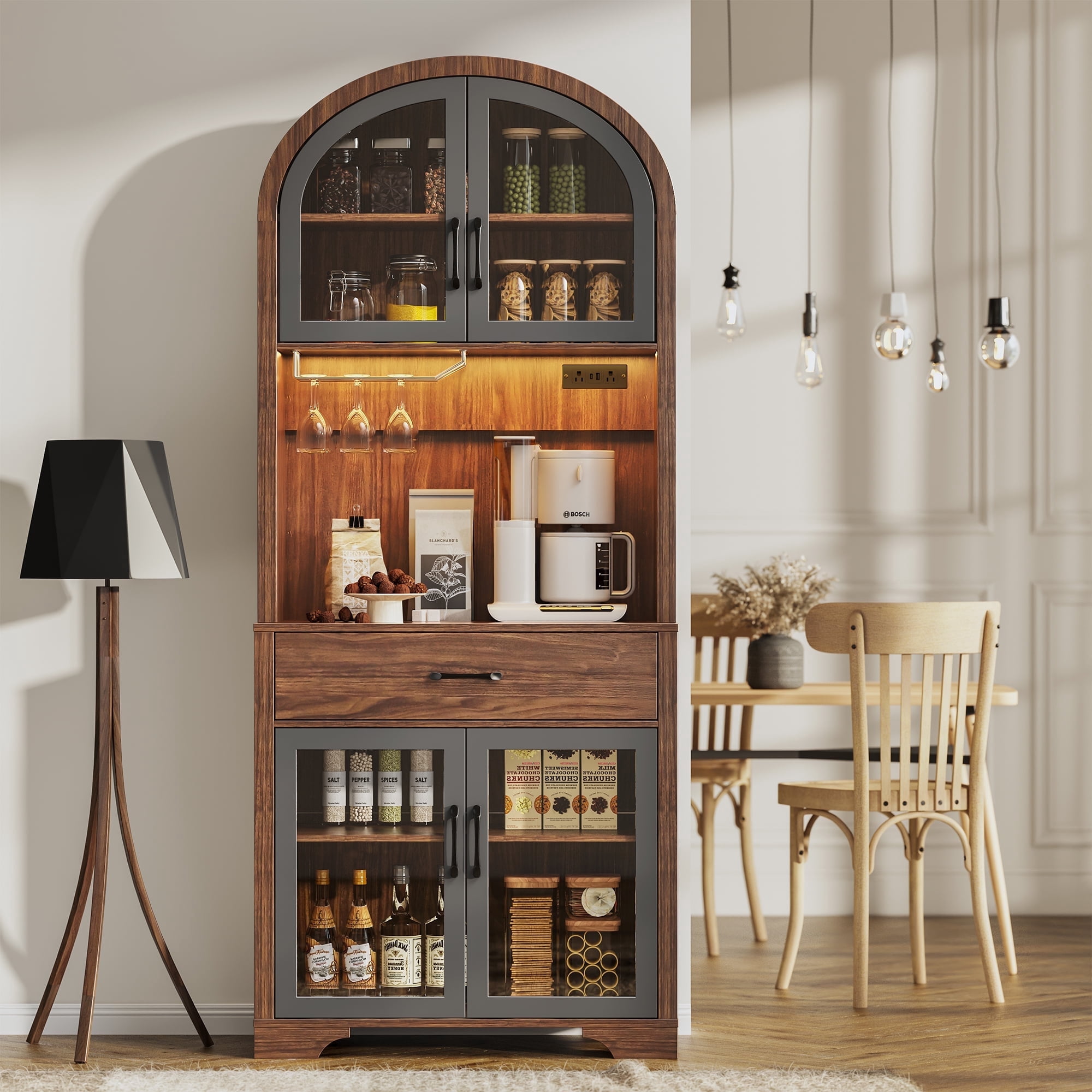 75" Tall Pantry Hutch with Charging Station and Microwave Stand, Kitchen Cabinets Hutch Cupboard for Kitchen, Dining Room, Walnut