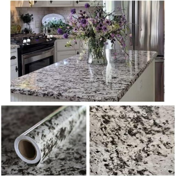 Kitchen Peel & Stick Countertop Wallpaper | Self Adhesive Vinyl Countertop Laminate Cover Wrap | 36 x 72 | Grey Off White Black Granite Marble Contact Paper Update (6ft)
