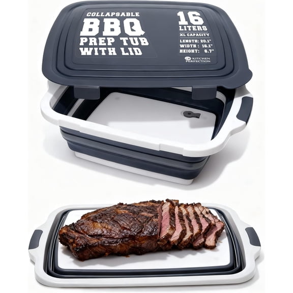 Kitchen Perfection Collapsible XL Barbecue Prep Tub, 16 L, Locking Lid and Cutting Board