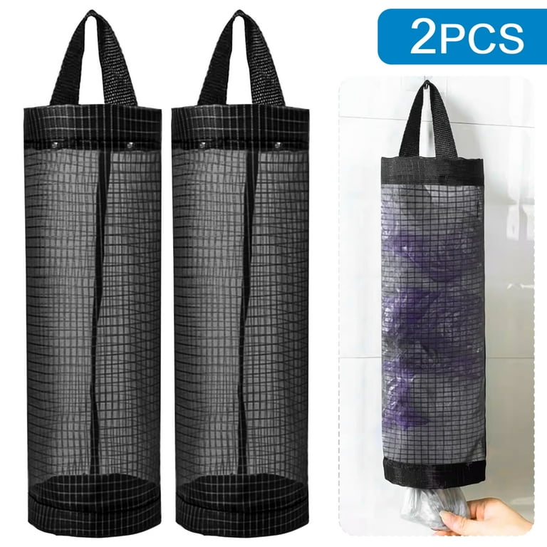 Kitchen Plastic Bag Holder, TSV 2Pcs Hanging Storage Bag Dispenser,  Foldable Mesh Grocery Bag Organizer, Black