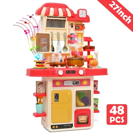 Kitchen Playset, 48Pcs 28Inch Pretend Play Food Toys Kitchen Set for Boys and Girls, Kitchen Toys with Realistic Lights&Sounds, Simulation of Spray and Play Sink, with Toddler