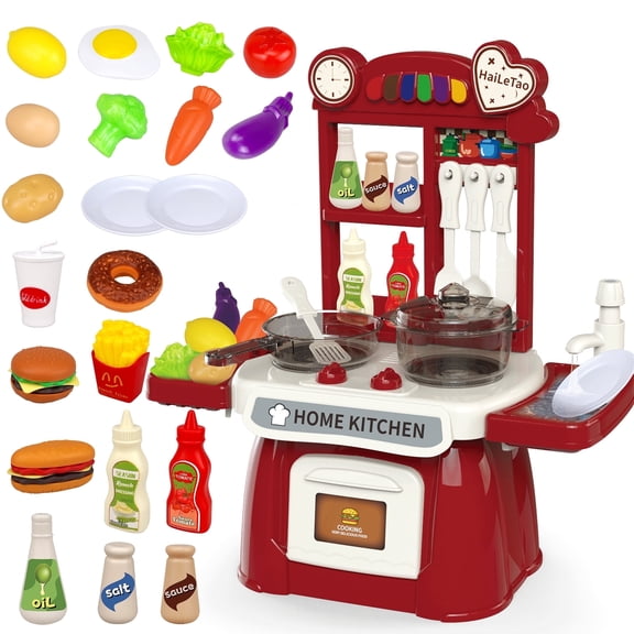 Kitchen Playset, Pretend Play Food Toys Kitchen Set for Boys and Girls Ages 3-5,Toy Kitchen Cooking Set Accessories for Toddlers Girls Boys Gift， Interactive Play w/ Real Sounds&Light