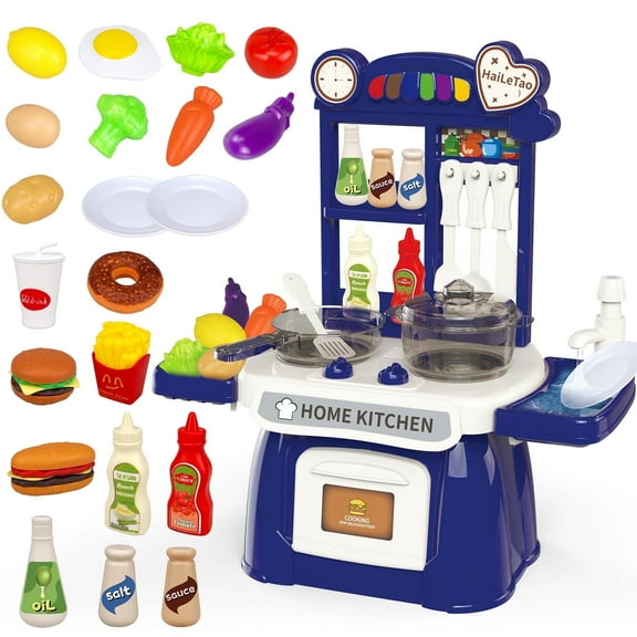 Kitchen Playset, Pretend Play Food Toys Kitchen Set for Boys and Girls Ages 3-5,Toy Kitchen Cooking Set Accessories for Toddlers Girls Boys Gift, Interactive Play w/ Real Sounds&Light