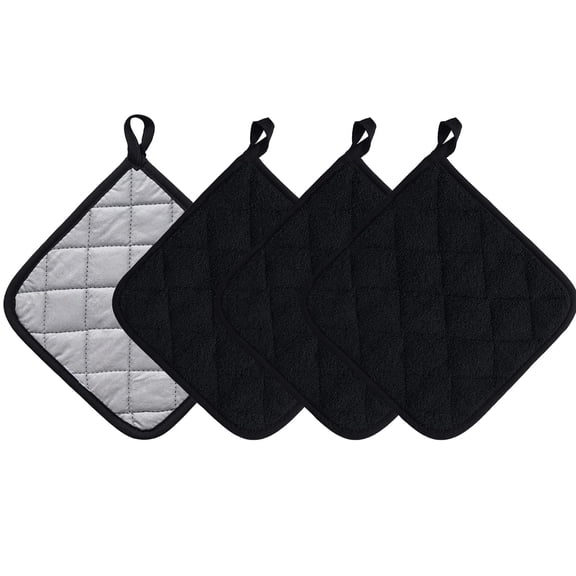 Kitchen Pot Holders Set Heat Resistant Pure Cotton Potholders Kit Trivets Large Coasters Hot Pads Terry Pot Holders for Everyday Cooking and Baking Set of 4 Black