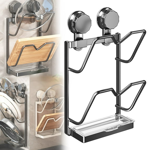 Kitchen Pot Lid Holder with Drip Tray, 2-Layer Suction Cup Lid Organizer, Space-Saving Kitchen Wall Mounted Holder, for Kitchen Counter Stovetop Utensil Storage