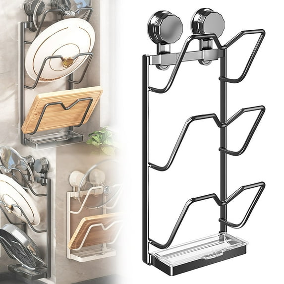 Kitchen Pot Lid Holder with Drip Tray, 3-Layer Suction Cup Lid Organizer, Space-Saving Kitchen Wall Mounted Holder, for Kitchen Counter Stovetop Utensil Storage