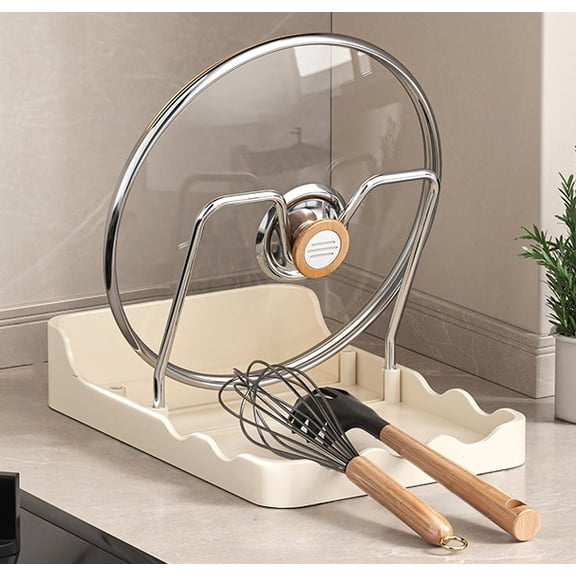 Kitchen Pot Lid Storage Rack, 2026 New Carbon Steel Pot Lid Holder with Tray, Multifunctional Pot Lid Organizer with Removable Drip Tray for Countertop, Space-Saving Lid Rack(Beige,A)