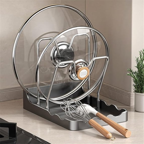 Kitchen Pot Lid Storage Rack, 2026 New Carbon Steel Pot Lid Holder with Tray, Multifunctional Pot Lid Organizer with Removable Drip Tray for Countertop, Space-Saving Lid Rack(Gray,B)