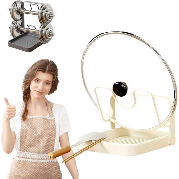 Kitchen Pot Lid Storage Rack, 304 Stainless Steel Pot Lid Holder While Cooking with Removable Drip Tray, Pot Lid Holder While Cooking & Spoon Rest, Strong Load-Bearing Capacity