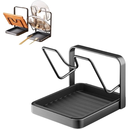 Kitchen Pot Lid Storage Rack, 304 Stainless Steel Pot Lid Holder with Removable Drip Tray, Multifunctional Countertop Organizer for Pot Covers & Spoon Rest While Cooking