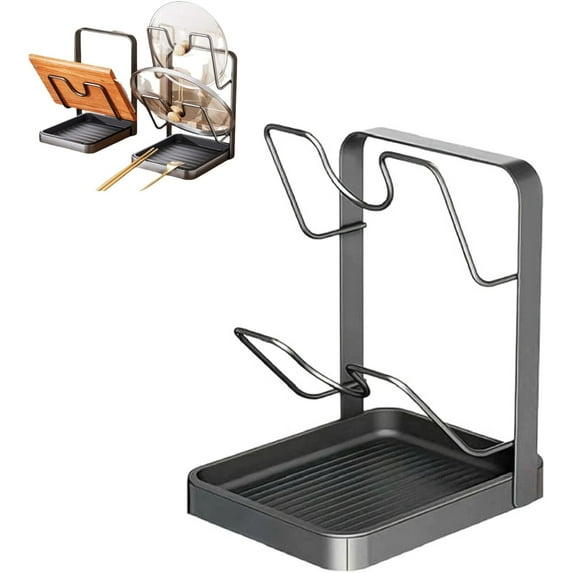 Kitchen Pot Lid Storage Rack, 304 Stainless Steel Pot Lid Holder with Removable Drip Tray, Multifunctional Countertop Organizer for Pot Covers & Spoon Rest While Cooking