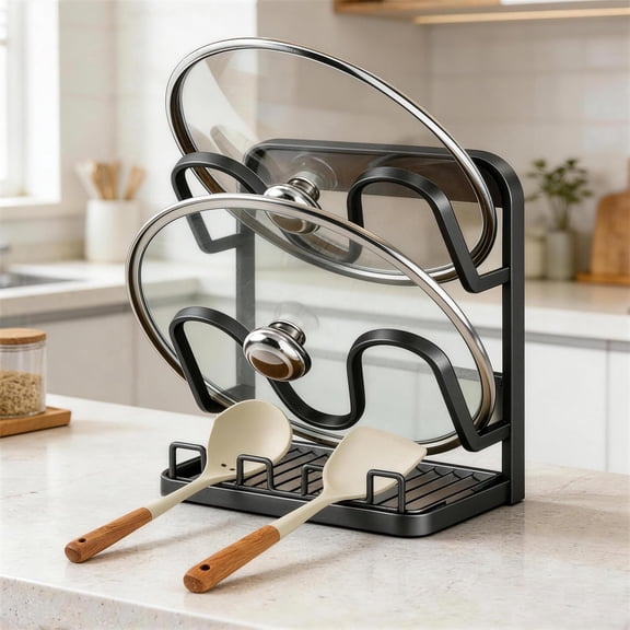 Kitchen Pot Lid Storage Rack: Carbon Steel Double-Layer Holder & Spoon Rest with Removable Drip Tray, Pot Cover Holder While Cooking, Pot Lid Organizer for Kitchen Counter Space Saving