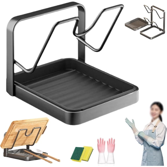 Kitchen Pot Lid Storage Rack, Multifunctional Pan Lid Holder Organizer with Removable Drip Tray, Carbon Steel Countertop Tool Rack While Cooking & Spoon Rest
