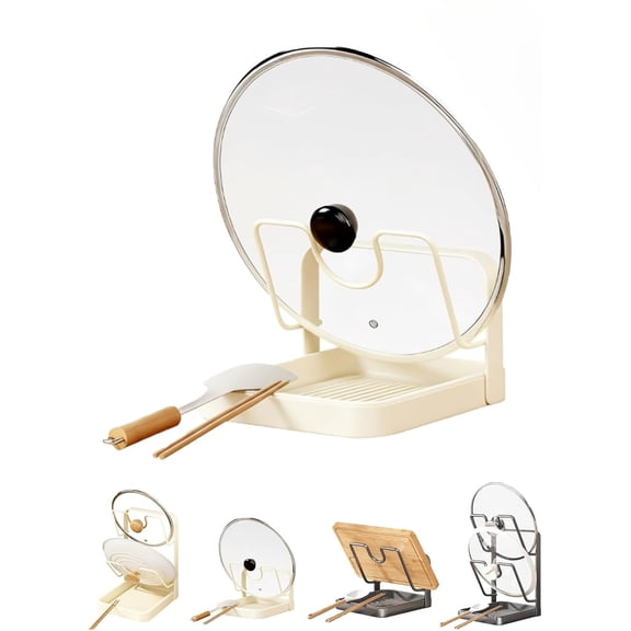 Kitchen Pot Lid Storage Rack, Multifunctional Stainless Steel Pot and Pan Organizer with Removable Drip Tray, Two-Compartment Spatula Holder for Counter Stove Top Kitchen Accessories