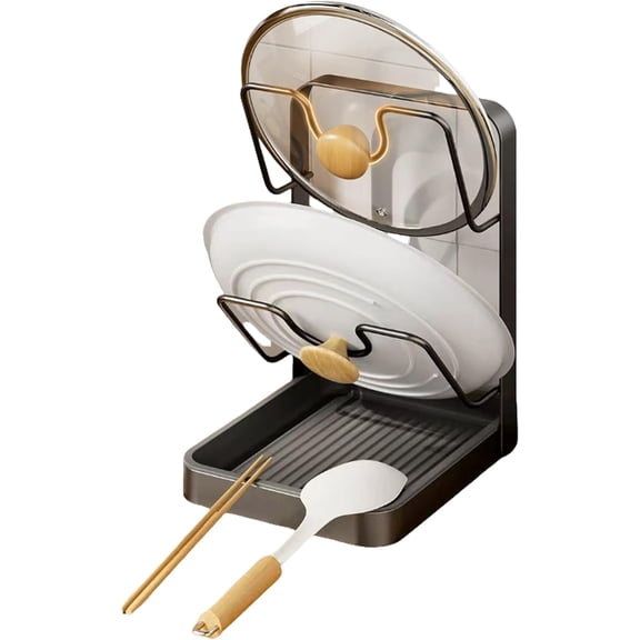 Kitchen Pot Lid Storage Rack, Multifunctional Stainless Steel Pot and Pan Organizer with Removable Drip Tray, Two-Compartment Spatula Holder for Counter Stove Top Kitchen Accessories