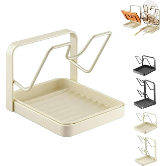 Kitchen Pot Lid Storage Rack, Multifunctional Stainless Steel Pot and Pan Organizer with Removable Drip Tray, Two-Compartment Spatula Holder for Counter Stove Top Kitchen Accessories