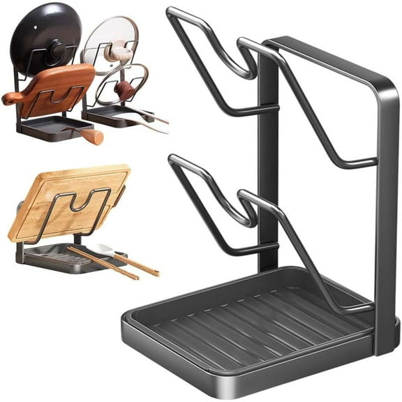 Kitchen Pot Lid Storage Rack, Rack, Stainless Steel Pot Lid Holder While Cooking & Spoon Rest, Multifunctional Pot Lid Organizer with Removable Tray for Countertop