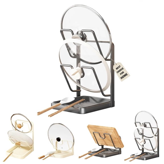 Kitchen Pot Lid Storage Rack, Stainless Steel Pot Lid Holder While Cooking & Spoon Rest, Multifunctional Pot Lid Organizer with Removable Drip Tray for Countertop, Space-Saving Lid Rack (Black2)