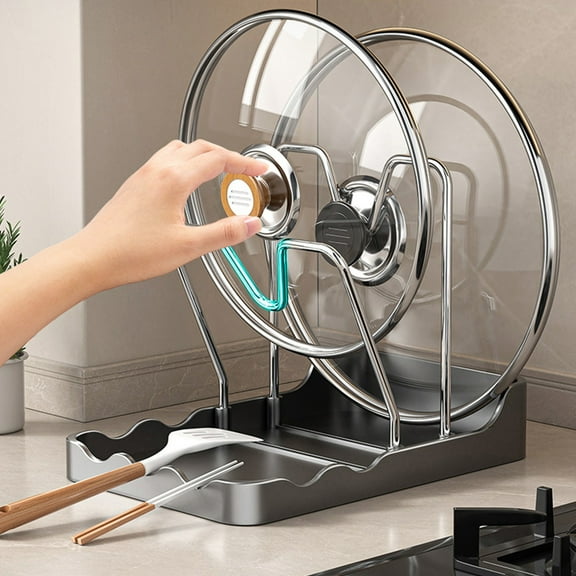 Kitchen Pot Lid Storage Rack - V-Shaped Groove Anti-Slip Lid Holder with Water Tray, Desktop Pot Cover Organizer, Sturdy Kitchen Storage Rack for Pots Pans Lids Utensils