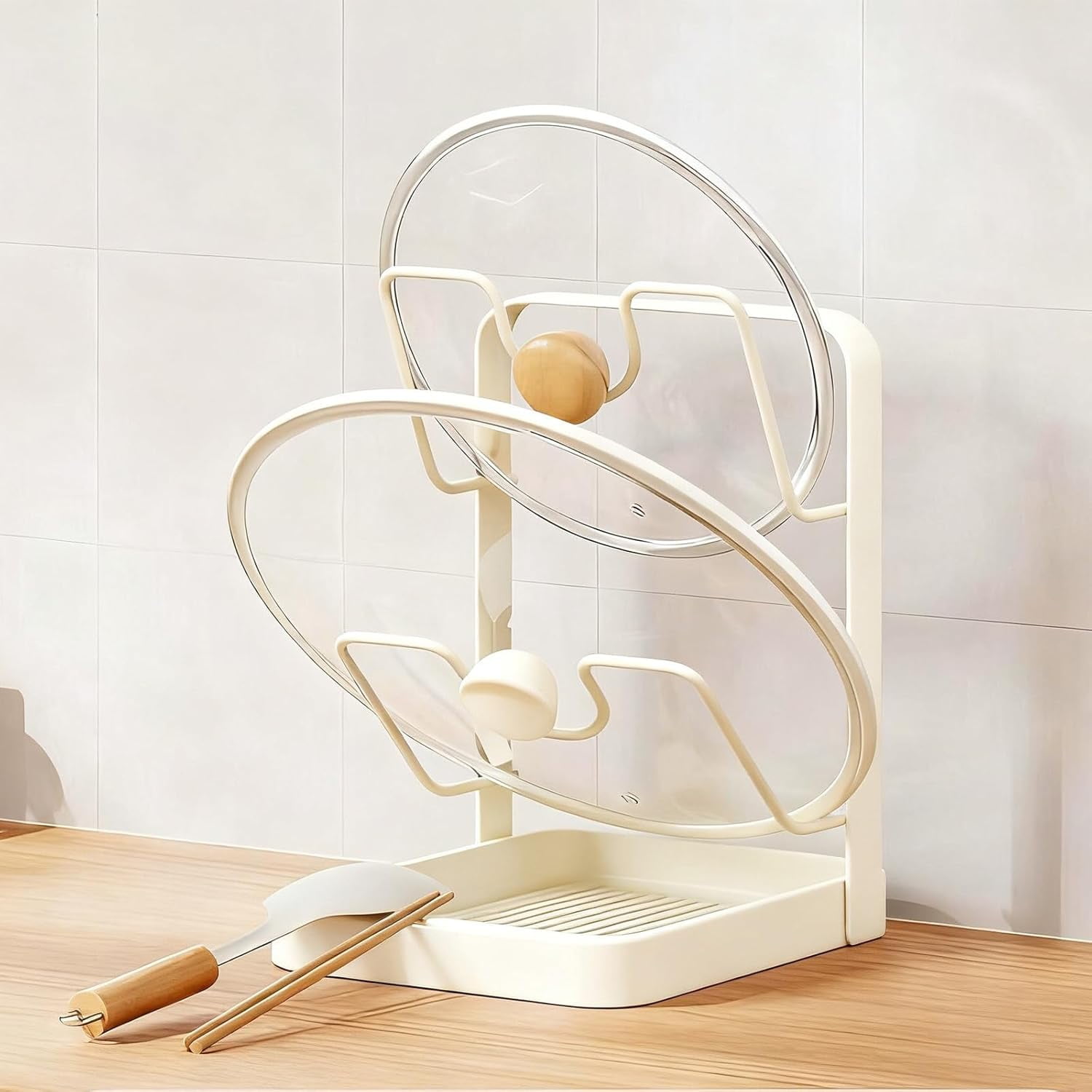 Kitchen Pot Lid Storage Rack with U-Shaped Slots & Multi-Layer Design, Rust-Resistant Holder Organizes Various Lids & Utensils on Countertop
