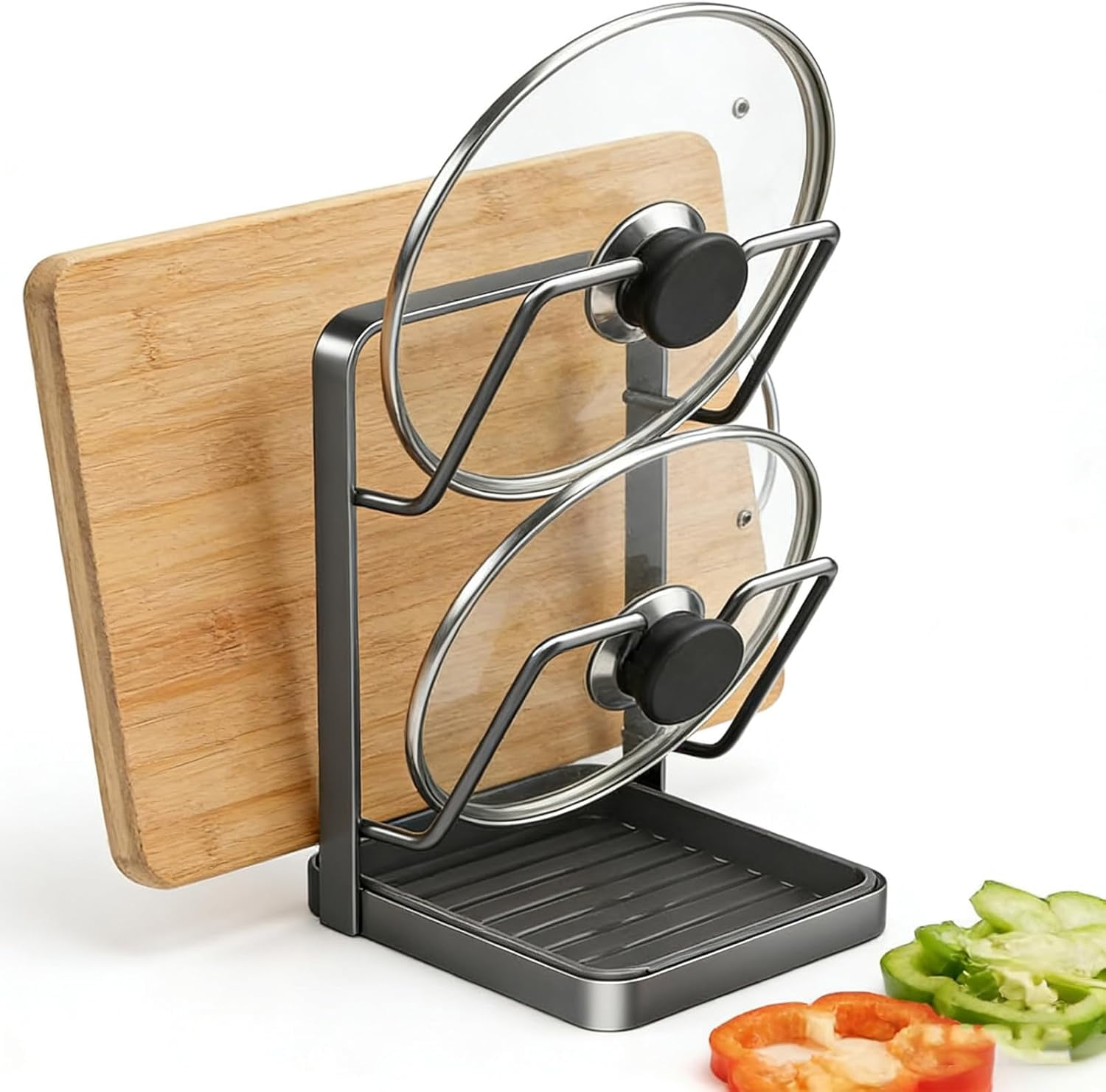 Kitchen Pot Lid Storage Rack with U-Shaped Slots & Multi-Layer Design, Rust-Resistant Holder Organizes Various Lids & Utensils on Countertop