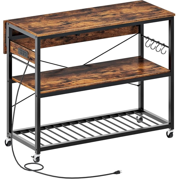 Kitchen with Power Outlet and Folding Top, Movable with 3-Tier Storage, Large Size, Wooden Shelves and Rack, for Kitchen, Dining and Living Room, Rustic Brown and Black TZD02UBF