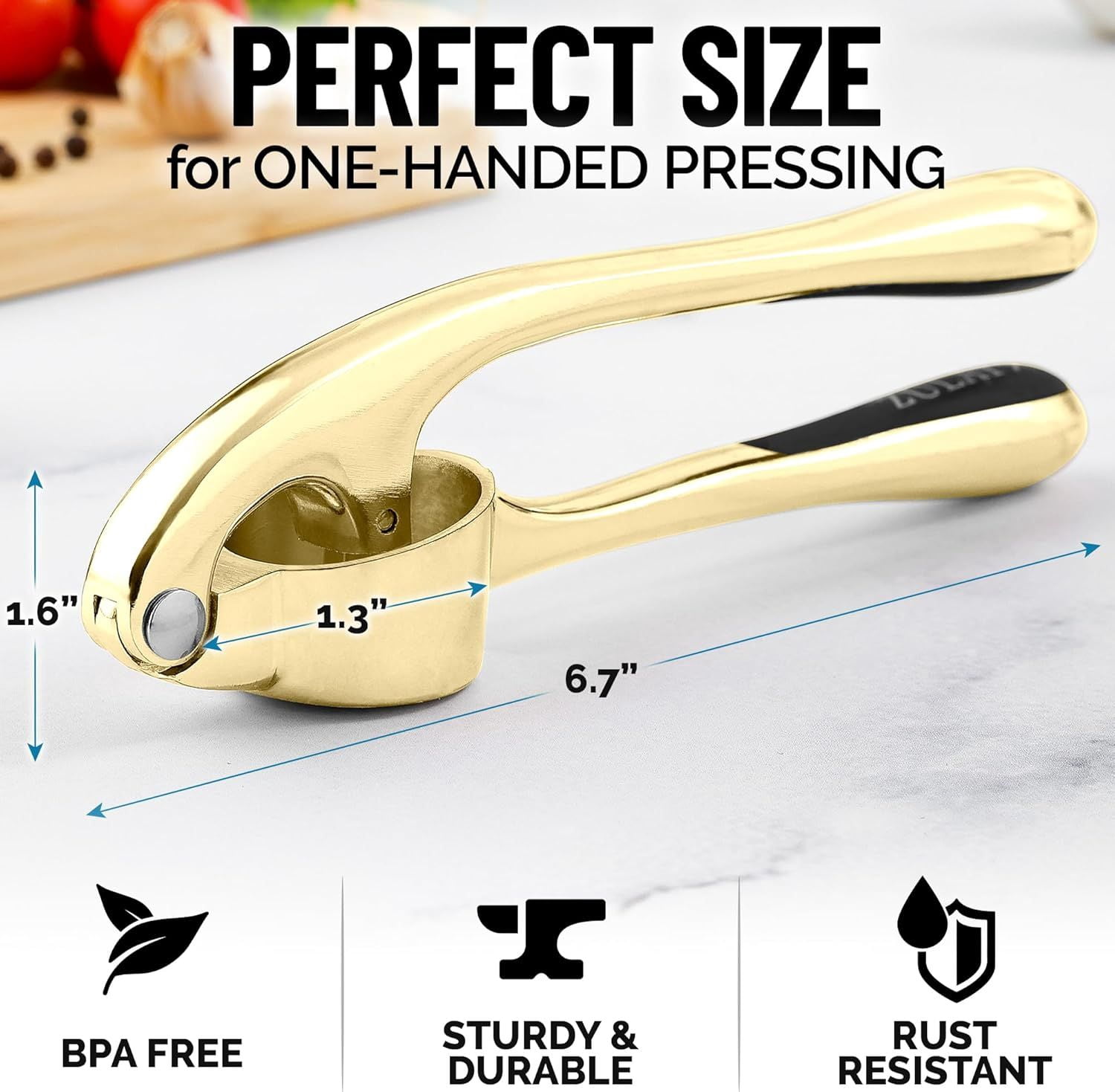 Kitchen Premium Garlic Press with Soft Easy to Squeeze Handle Includes Silicone Garlic Peeler and Cleaning Brush 3 Piece Garlic Mincer Tool Sturdy Easy to Clean Garlic Crusher Gold