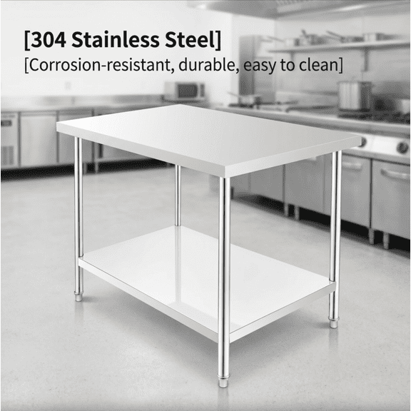 Kitchen Prep Table 48 Inch Long Work Surface, Stainless Steel Worktables Easy to Clean, Commercial Work Table 400 Lbs Bottom Shelf for Family Kitchen Outdoor.