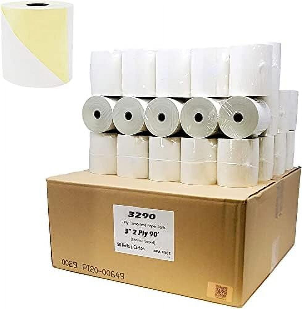 Kitchen Printer Paper Two Ply Carbonless Rolls, 3 X 90 Feet, White