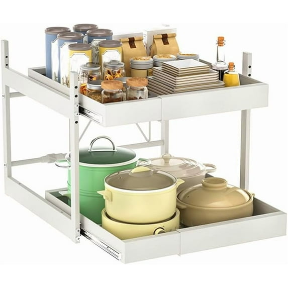 Kitchen Pull Out Drawers for Cabinets, 2 Tiers Adjustable Pull Out Shelf, Carbon Steel Under Sink Organizer for Kitchen Bathroom Laundry Pantry (White)