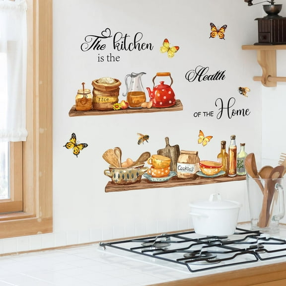 Kitchen Quote Wall Stickers Kitchenware Utensil Teapots Jars Food Wall Peel and Stick Wall Art for Kitchen Dining Room