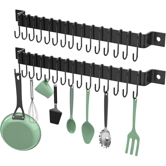 Kitchen Rail with 15 Hooks, 16 Inch Wall Mounted Hanging Utensil Rack, 2 Pack, Black