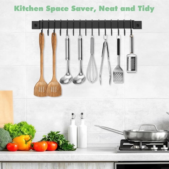 Kitchen Rail with 15 Hooks, 16 Inch Wall Mounted Hanging Utensil Rack Kitchen Utensil Hanger for Kitchen, 1 Pack, Black