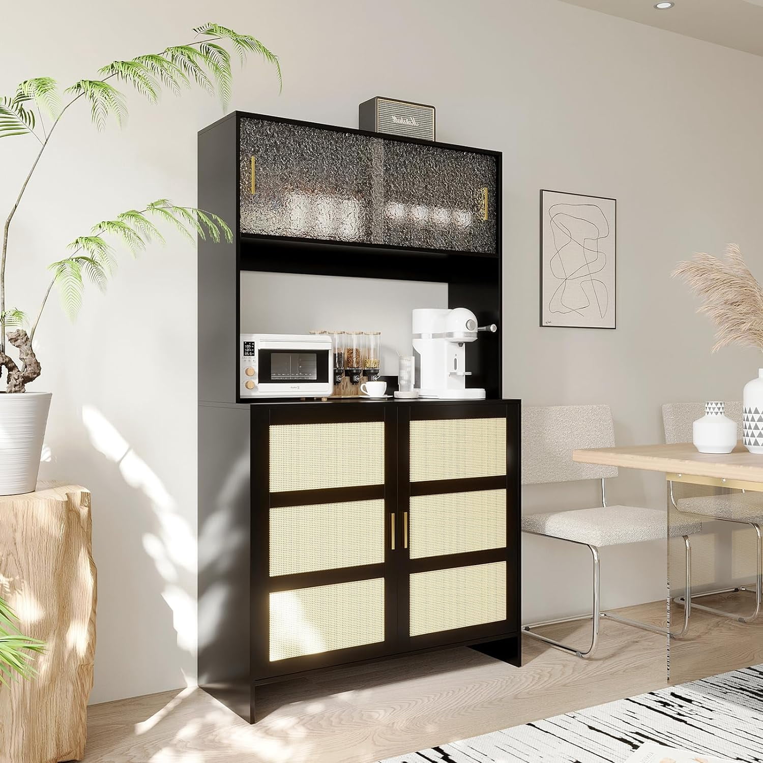 Kitchen Rattan Pantry Cabinet, Storage Cabinet with Rattan Doors ...