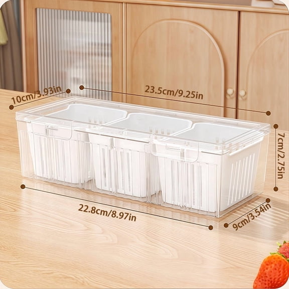 Kitchen Refrigerator Food Storage Container with Lid, Transparent Plastic Organizer Box with 3 Detachable Compartments for Fridge Pantry Storage(WHITE)