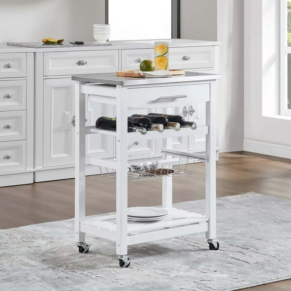 Kitchen Rolling Cart, Mobile Kitchen Trolley, Serving Cart With Drawer And Slide-Out Metal Basket, White Metal Frame With Locking Casters And Stainless Steel Worktop