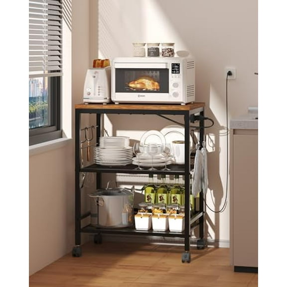 Kitchen Rolling Cart with Power Strip, 3 Tier Microwave Stand on Lockable Wheels, Small Utility Cart with Storage, Coffee bar&Tea Table, Organizer Shelves for Kitchen, Office, Living Room