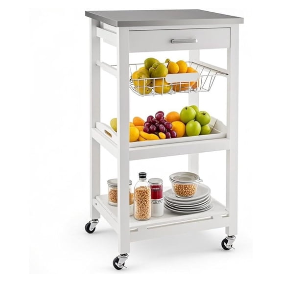 Kitchen Rolling Cart with Stainless Steel Table Top, Drawer, Metal Baskets & Wooden Tray, Wood Storage Cart on Wheels, Modern Serving Cart for Restaurant, Hotel (White)