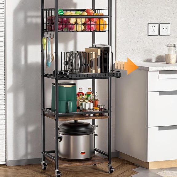 Kitchen Rolling Cart with Metal Fruit Vegetable Basket and Pull-Out Pot Lid Cutting Board Organizer, Storage Rack with Wooden Top