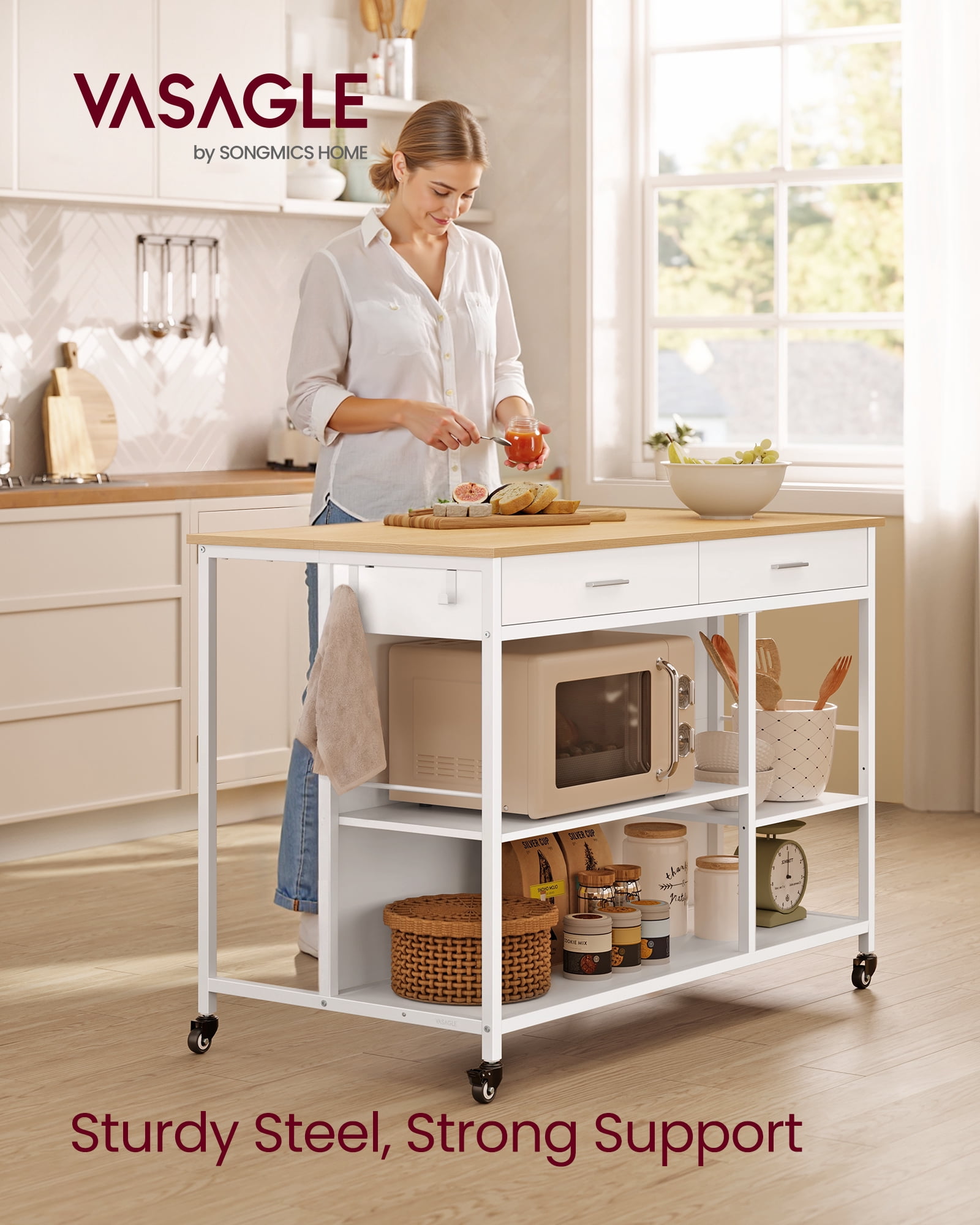 Kitchen Rolling Island Cart with 2 Drawers and Adjustable Shelves, 648 lb Capacity Mobile Workstation on Locking Wheels, 43.3" Wide, Beige and White
