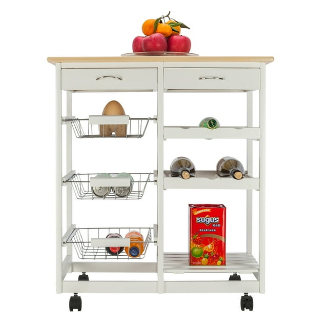 Kitchen Rolling Microwave Cart on Wheels, Kitchen Islands with Storage, Rustproof Storage Rack Trolley with 2 Drawers, 3 Metal Baskets, 3 Shelf Panels, Bakers Racks Holds up to 220 lbs, White, Q7577