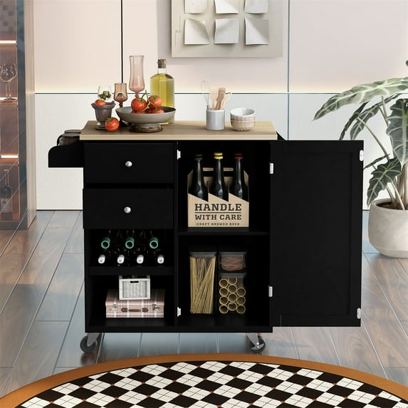 Kitchen Rolling Trolley Cart with 2 Drawers, Storage Cabinet and Shelves, Kitchen Storage Island Cart on Wheels, Rolling Mobile Kitchen Cart with Spice Rack, Towel Rack and Rubber Wood Top, Black