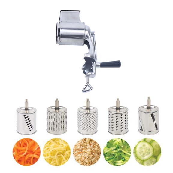 Kitchen Rotary Grater Manual Food Mills Nut Grinder with 5 Drums Grinding Tool Set Vegetables Salad Slicer Comfortable Pusher High Quality Steel
