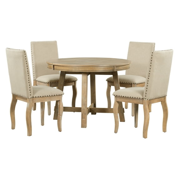Kitchen Round Extendable Dining Table With 4pcs Upholstered Dining Chairs, Solid Wood Dining Table Set For 4 Members Home, Kitchen Dining Room 42-58"L x 42''W x 30''H