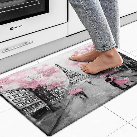 Kitchen Rug Anti Fatigue Kitchen Mat Cushioned Black White Pink Paris Eiffel Tower Kitchen Rugs Non Skid Waterproof Kitchen Rugs and Mats for Floor Laundry Standing Desk Sink