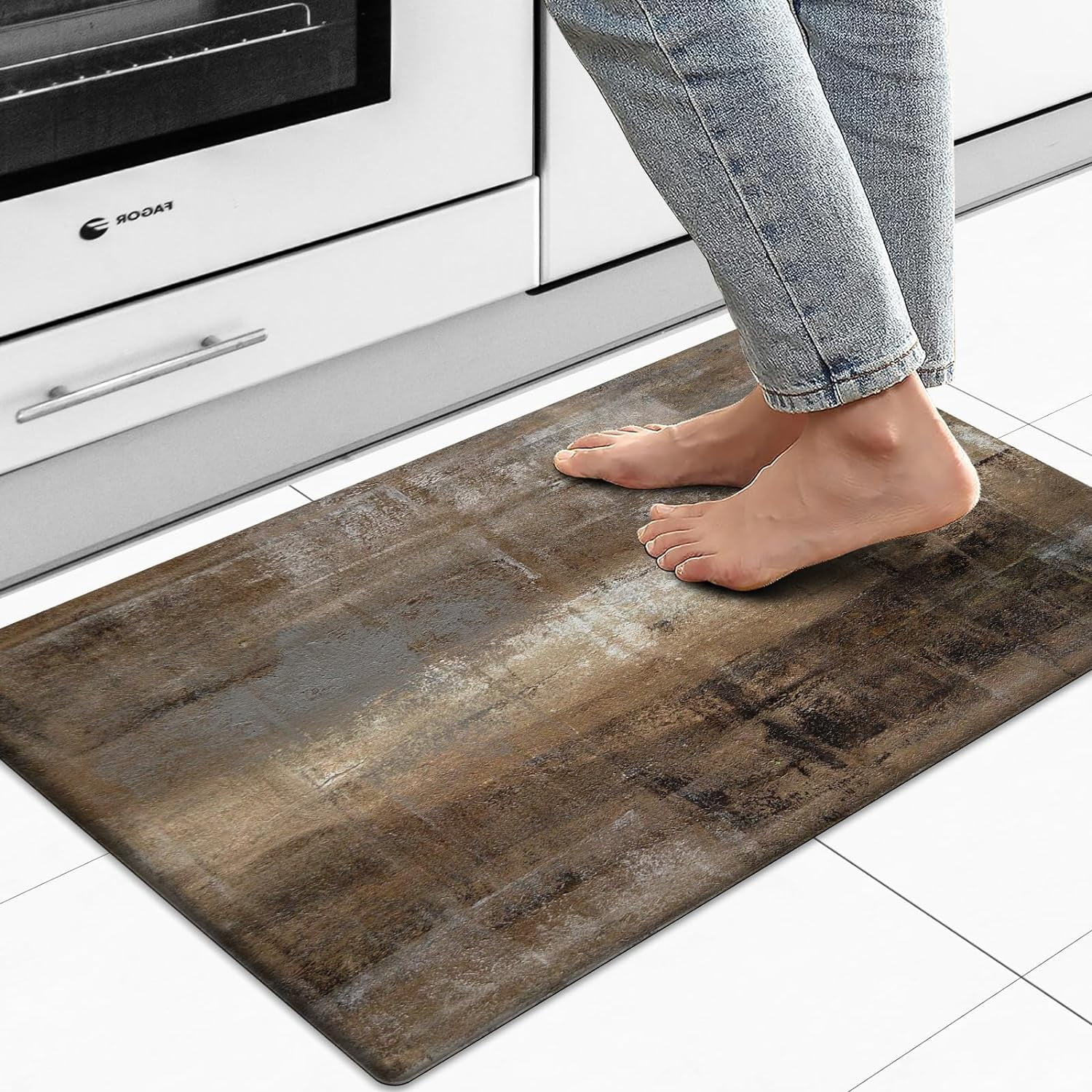 Kitchen Rug Anti Fatigue Kitchen Mat Cushioned Taupe Abstract Art